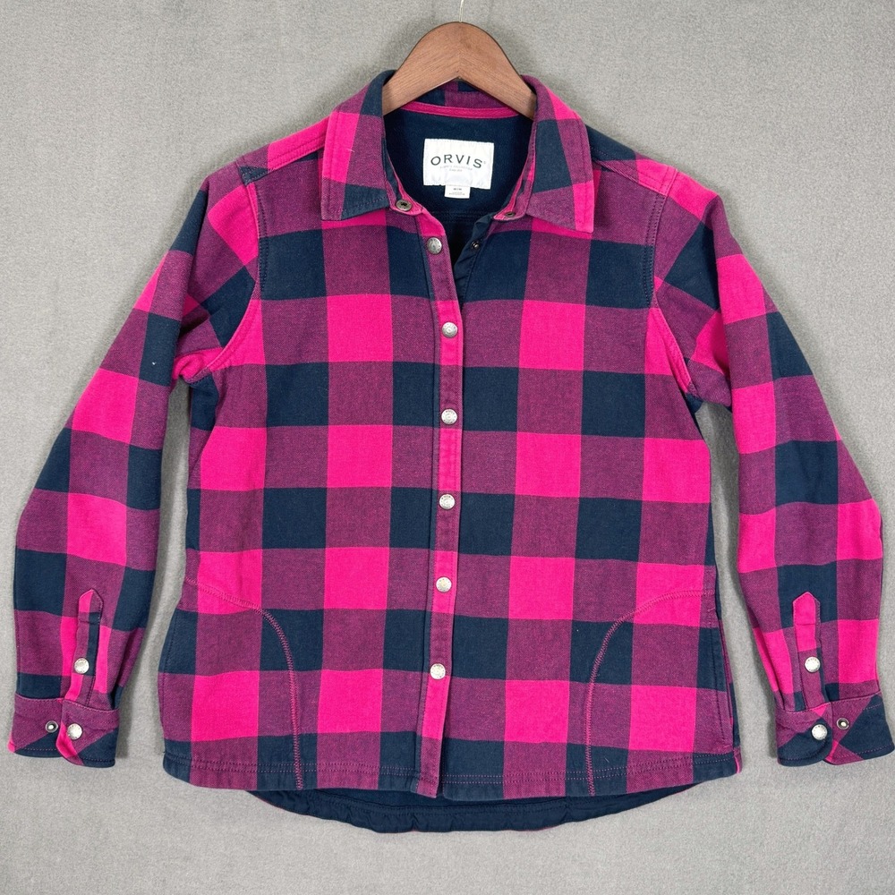 Orvis Flannel Shirt Women M Pink Buffalo Plaid Fleece Lined Snap Front Jacket
